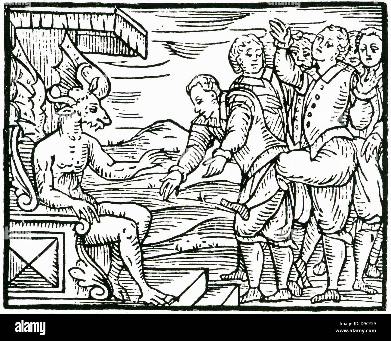 Les sorciers en hommage à Satan au Sabbat. Gravure sur bois d'Copmpendium maleficarum, Milan, 1608, par Francesco Maria Guazzo. Banque D'Images