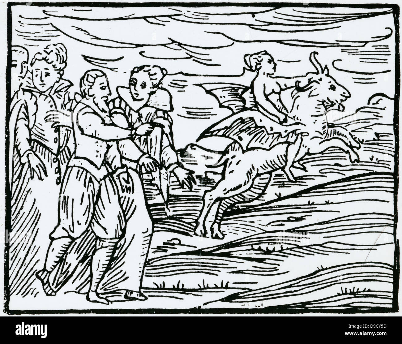 Le Diable, sous la forme d'une chèvre en vol, transportant une sorcière pour le Sabbat. Gravure sur bois d'Copmpendium maleficarum, Milan, 1608, par Francesco Maria Guazzo. Banque D'Images