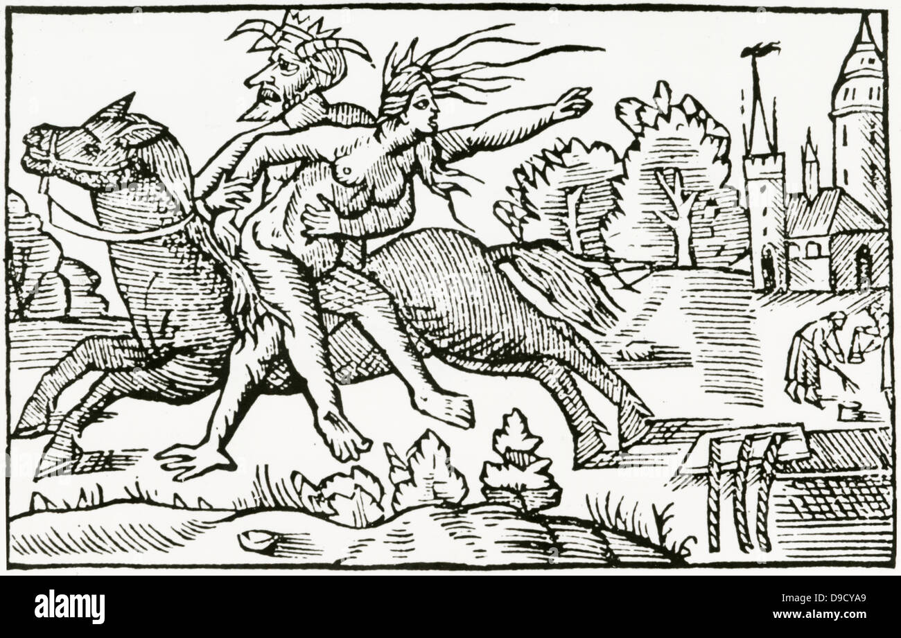 Le Diable emportant la sorcière de Berkeley, en Angleterre, c1045. Gravure sur bois à partir de la Historia de Gentibus septentrionalibus, Rome, 1555, par Olaus Magnus. Banque D'Images