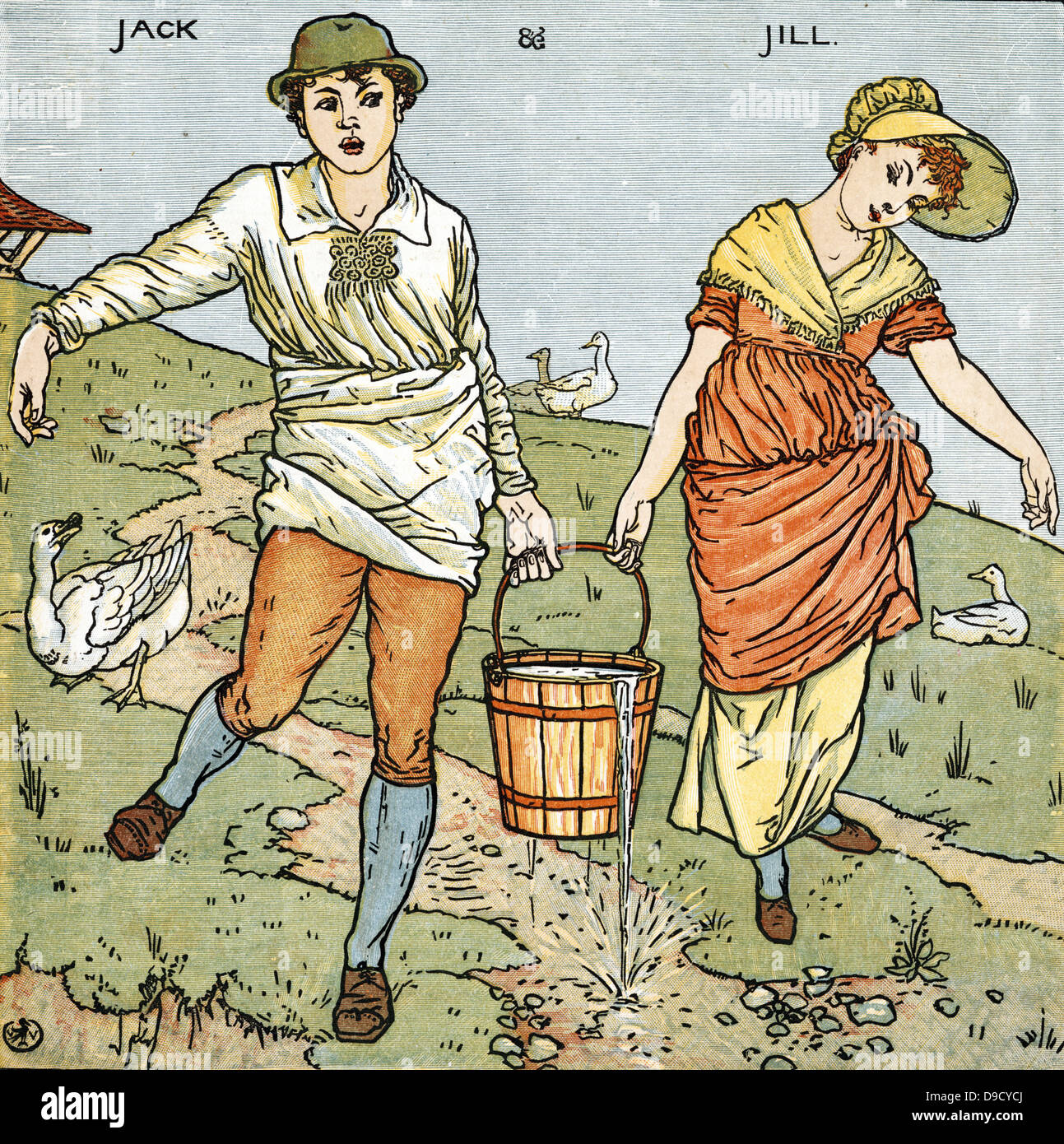 Jack et Jill/dans la montagne/pour aller chercher un seau d'eau. Engllish comptine remontent aussi loin que la première moitié du 17ème siècle, Illustration par Walter Crane (1845-1915). Banque D'Images