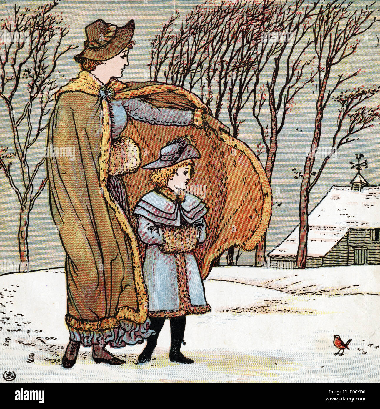 Le vent du nord souffle doth,/et nous aurons de la neige,/et que se pauvre robin alors ? Début du 19ème siècle anglais comptine. Illustration par Walter Crane (1845-1915). Imprimé en couleur de la gravure sur bois. Banque D'Images