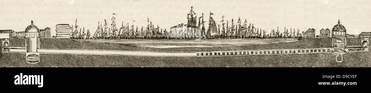 Coupe de la Thames Tunnel reliant Wapping et Rotherhithe commencé en 1825 par Marc Isambard Brunel, montrant l'avancement des travaux à la date de l'impression de droite à peu près le centre. Gravure, 1832. Banque D'Images