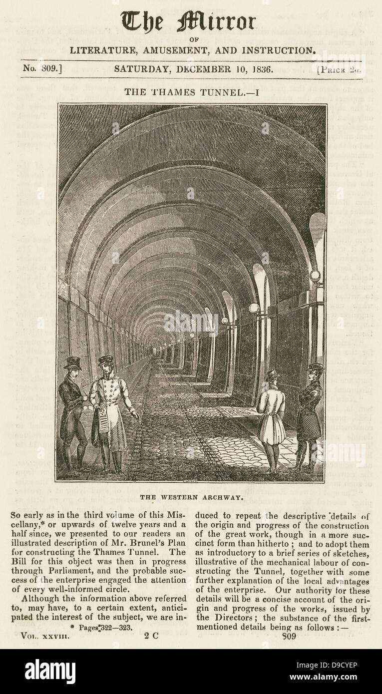 Passage de l'ouest du MRAC Isambard Brunels tunnel sous la Tamise en maçonnerie construit 1825-1843. Gravure 1836. Isambard Kingdom Brunel était le site ingénieur. Elle fait maintenant partie du système ferroviaire souterrain de Londres. Banque D'Images