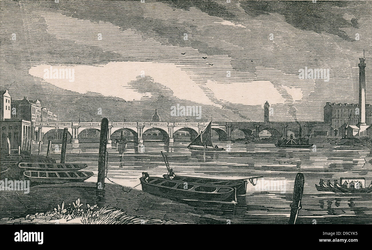 Waterloo Bridge à travers la Tamise, Londres. Construit par John Rennie (1761-1821) ingénieur civil écossais, 1811 à 1817. Des batardeaux ont été utilisés au lieu de caissons dans la construction des quais. La gravure, c1840. Banque D'Images