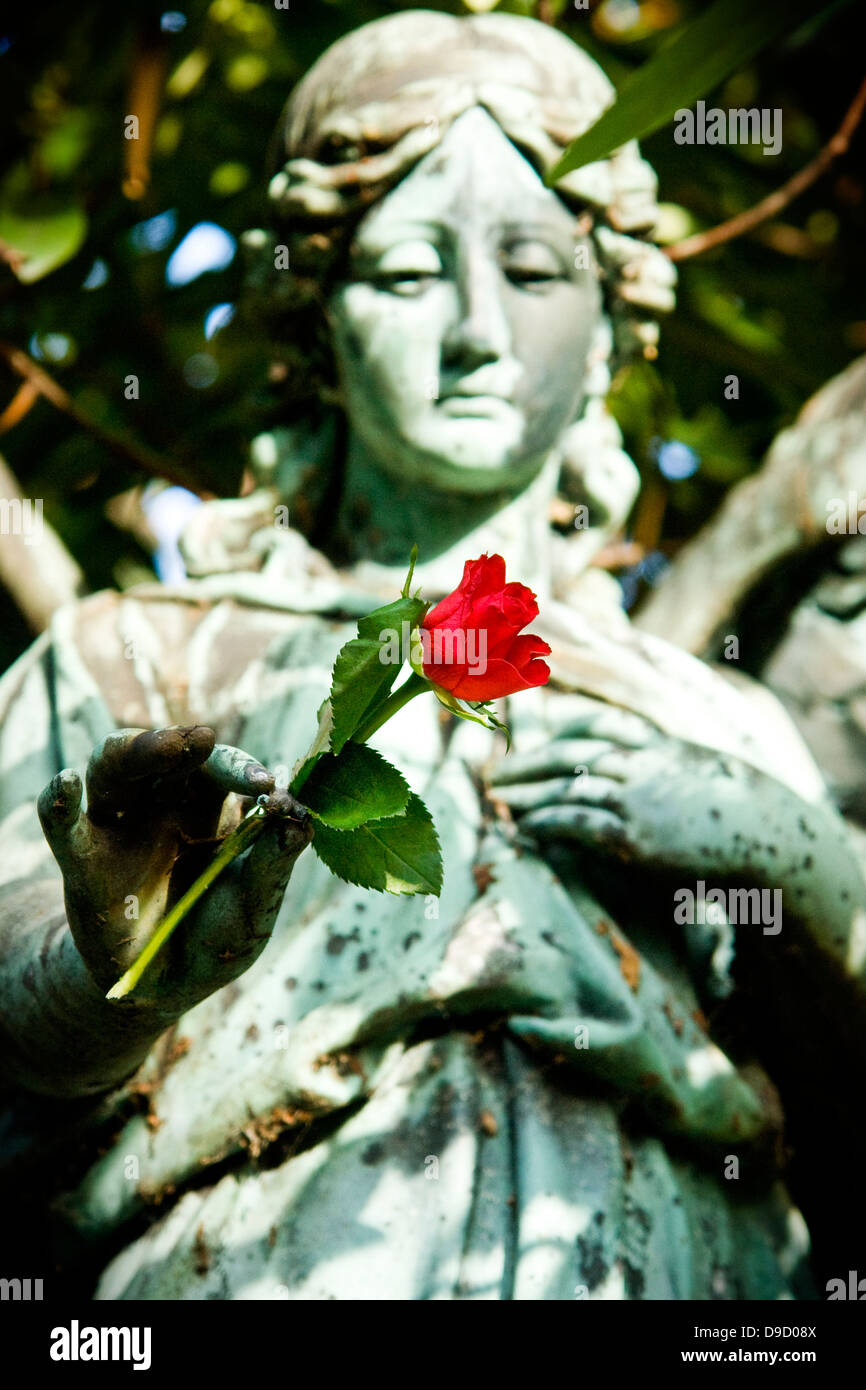 Statue avec une rose sur le cimetière Ohlsdorfer à Hambourg, statue avec une rose sur le village cimetière Ohls à Hambourg Banque D'Images