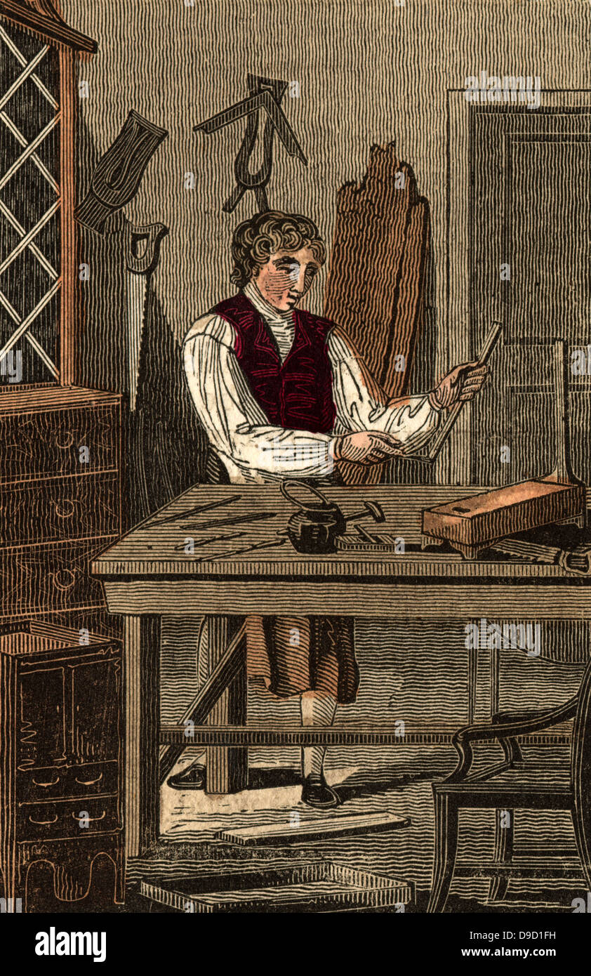 L'ébéniste le stand d'encollage pour une petite coiffeuse miroir. À la  main, gravure sur bois, du livre de l'anglais les métiers, Londres, 1823  Photo Stock - Alamy