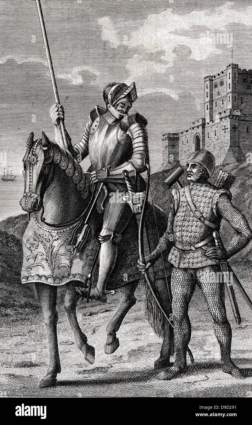 Un homme d'armes en armure complète montée sur un cheval avec armure partielle, et une chaîne en longbowman mail et une jeerkin, fin 14e-15e siècle. Gravure de 1786. Banque D'Images