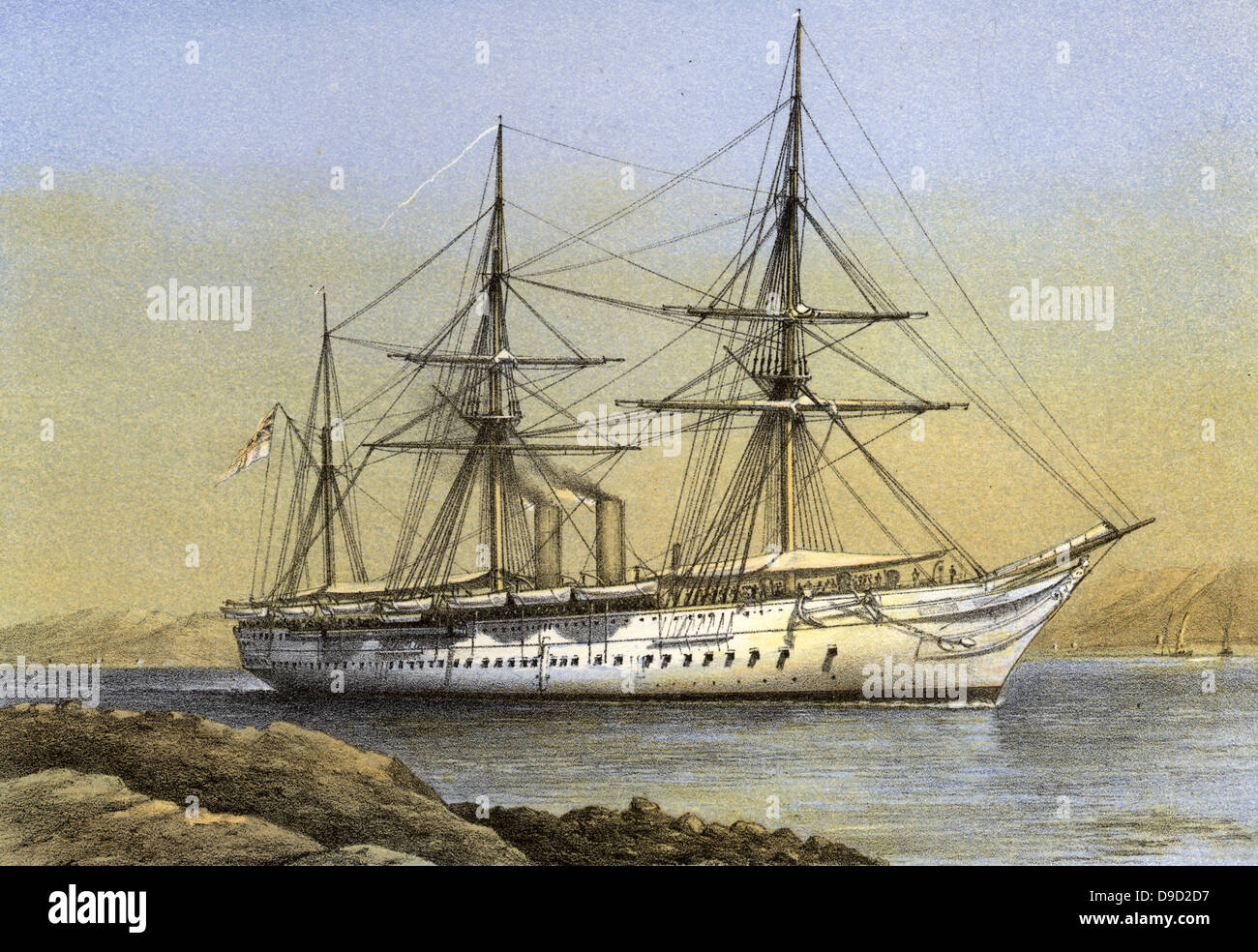 L'Oronte, à bord du HMS Royal Navy, construit par Cammell Laird à Birkenhead, commandé 1863 et vendu en 1893. Retour vers l'Angleterre le corps de Louis Napoléon, Prince Impérial tué dans la guerre zoulou. Banque D'Images