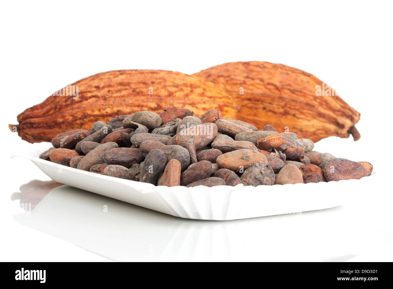 Les fèves de cacao avec fruits de cacao Banque D'Images
