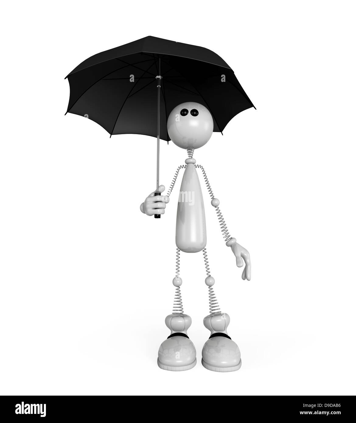 Le petit homme blanc en 3D avec un parapluie sous la pluie. Banque D'Images