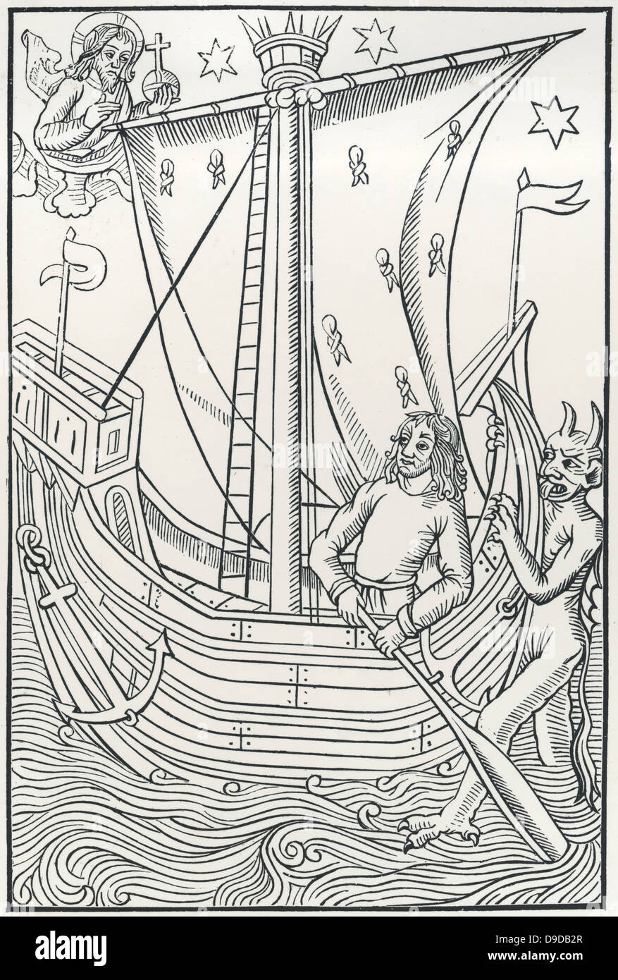 Le diable tentant le timonier d'un navire. Gravure sur bois à partir d'un début de l'édition imprimée de l'ouvrage de fous, une allégorie de la littérature occidentale originaires avant l'impression. Banque D'Images