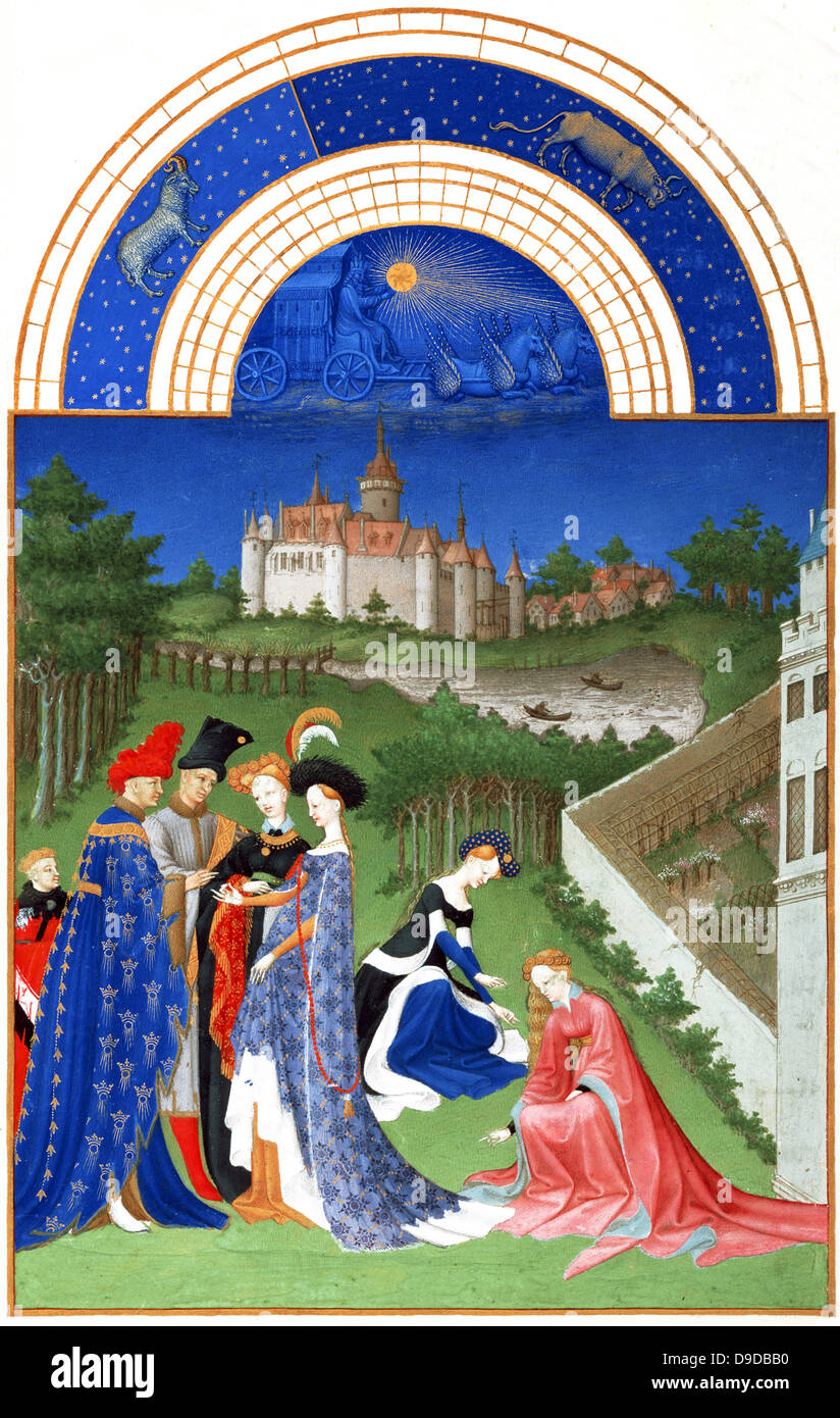 Les Très Riches Heures du Duc de Berry est un manuscrit enluminé gothique français. Les Très Riches Heures est un livre de prières créée pour Jean, duc de Berry, par les frères de Limbourg entre 1412 et 1416. Le livre a été achevé par Jean Colombe entre 1485 et 1489. Le manuscrit est organisé au Musée Condé, Chantilly, France. Ce folio (avril)montre un couple échange des anneaux situés à l'avant de deux témoins. Dans l'arrière-plan se trouve un château, appelé le château de Dourdan. Banque D'Images