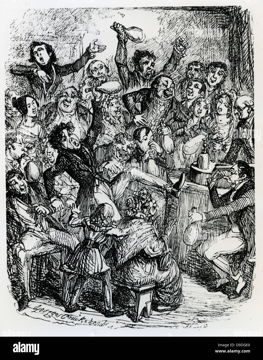 À l'auditoire une conférence bénéficiant des effets du gaz hilarant (protoxyde d'azote). Illustration de 1834 par George Cruikshank . Banque D'Images