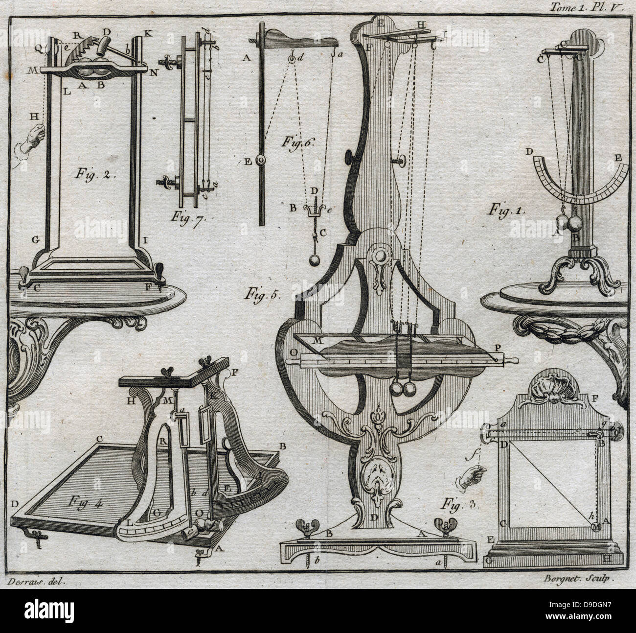 L'étude de l'inertie. 1 : Newton's percussion pendule. 2 : Nollet percussion du marteau et tomber. 5 : la pendule de percussion Mariotte. Gravure 1775. Banque D'Images