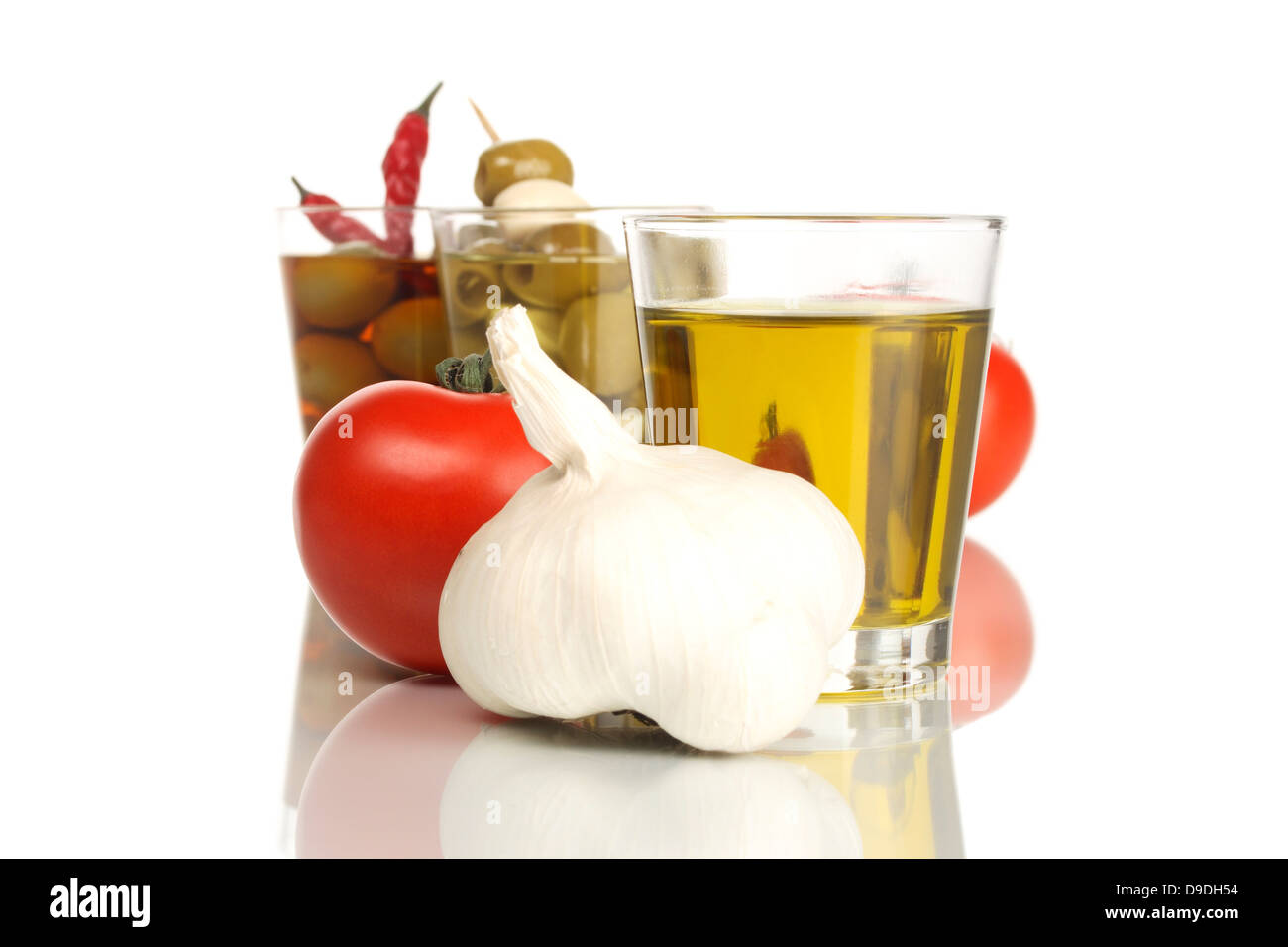 L'huile d'olive, ail et tomates Banque D'Images