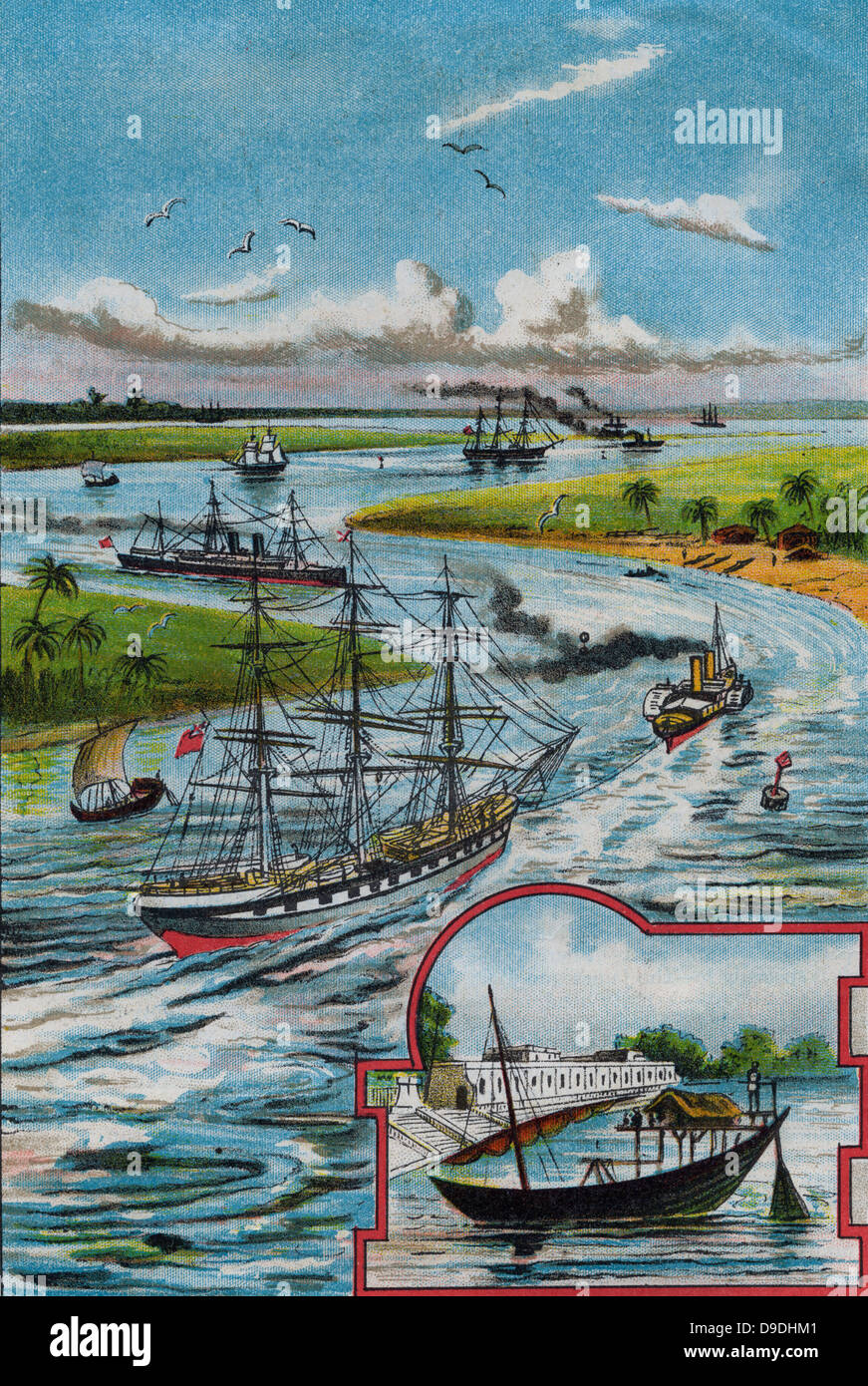 Les bateaux de la rivière Hooghly à port de Calcutta (Kolkata). Chromolithographie 1901 Banque D'Images