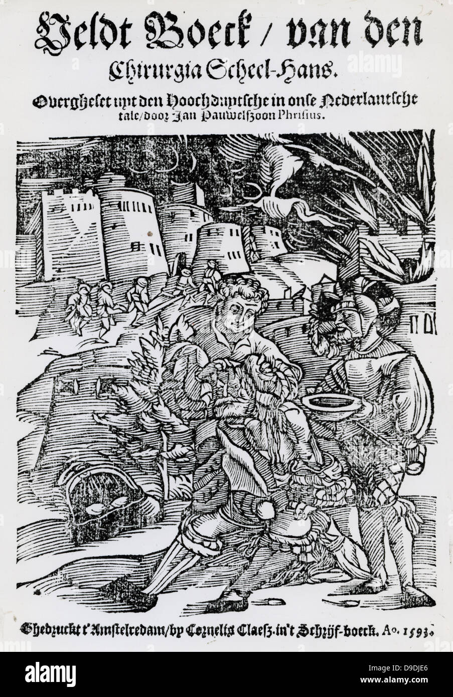 Chevalier blessé étant donné les premiers soins. À partir de la page de titre d'un livre sur terrain surgeey, 1593. Banque D'Images