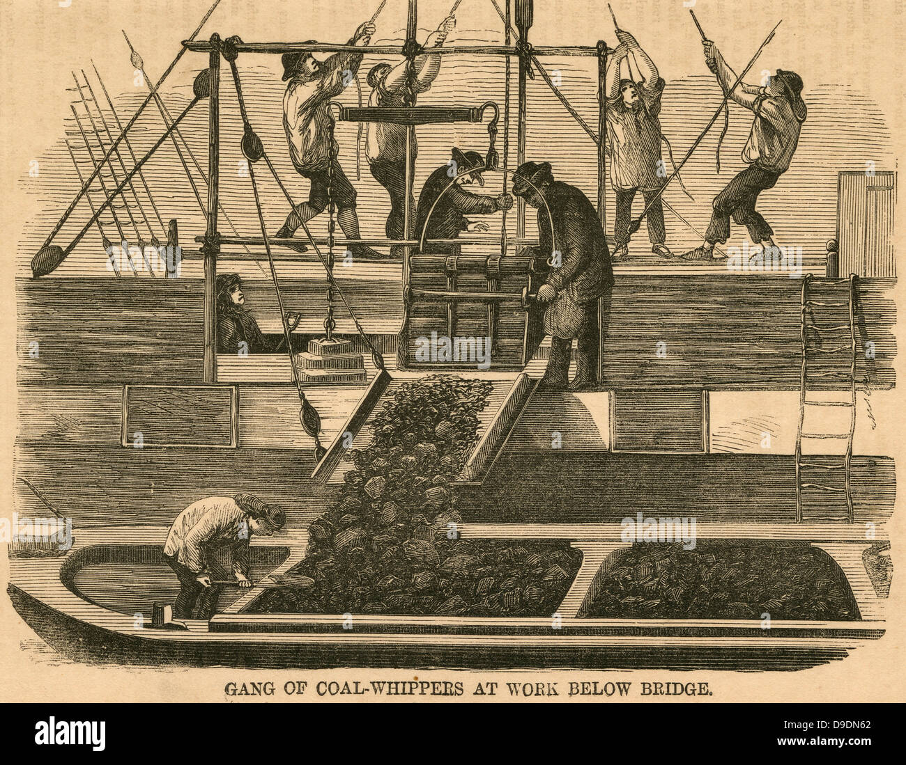 Le déchargement du charbon dans les docks de Londres transfert de cargaison dans un typique. plus léger Thames Gravure, 1866. Banque D'Images