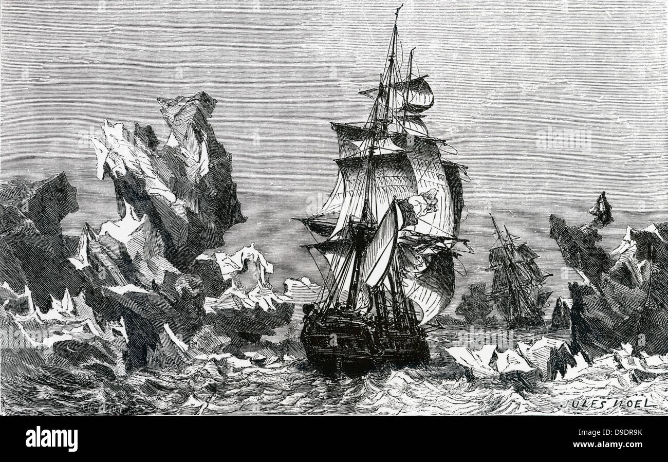 Corvettes Astrolabe 'Français' et 'Zelee' entre les icebergs de l'Antarctique 1837-1840. Banque D'Images