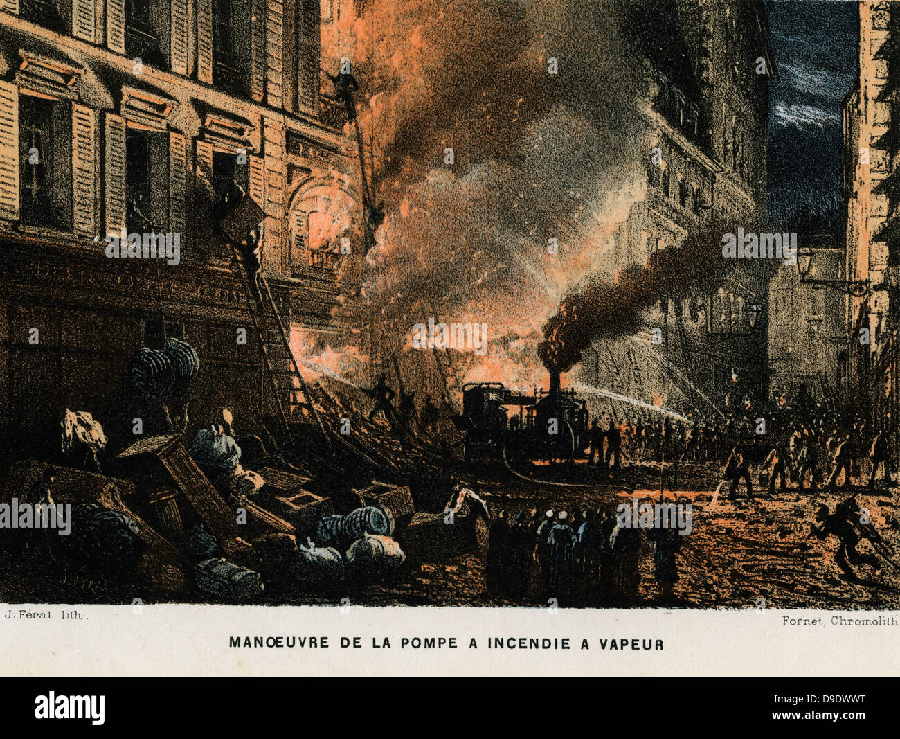 Une lutte contre l'incendie à l'aide de Paris d'un bain à vapeur pompe à eau, c1874. Banque D'Images