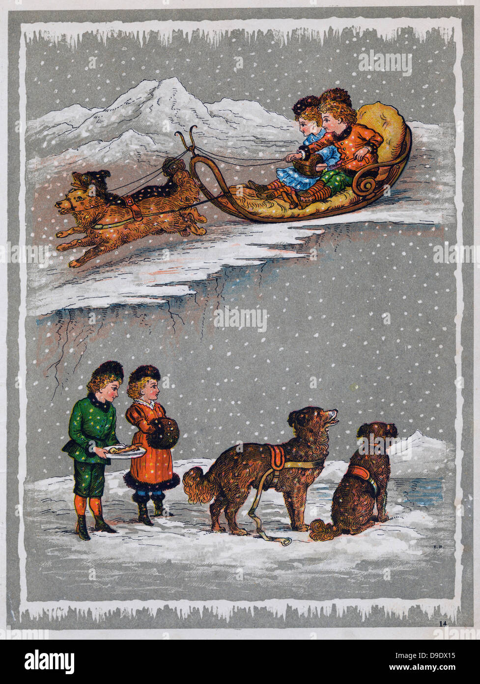 Les enfants et leurs chiens dans la neige. Illustration c1890. Banque D'Images