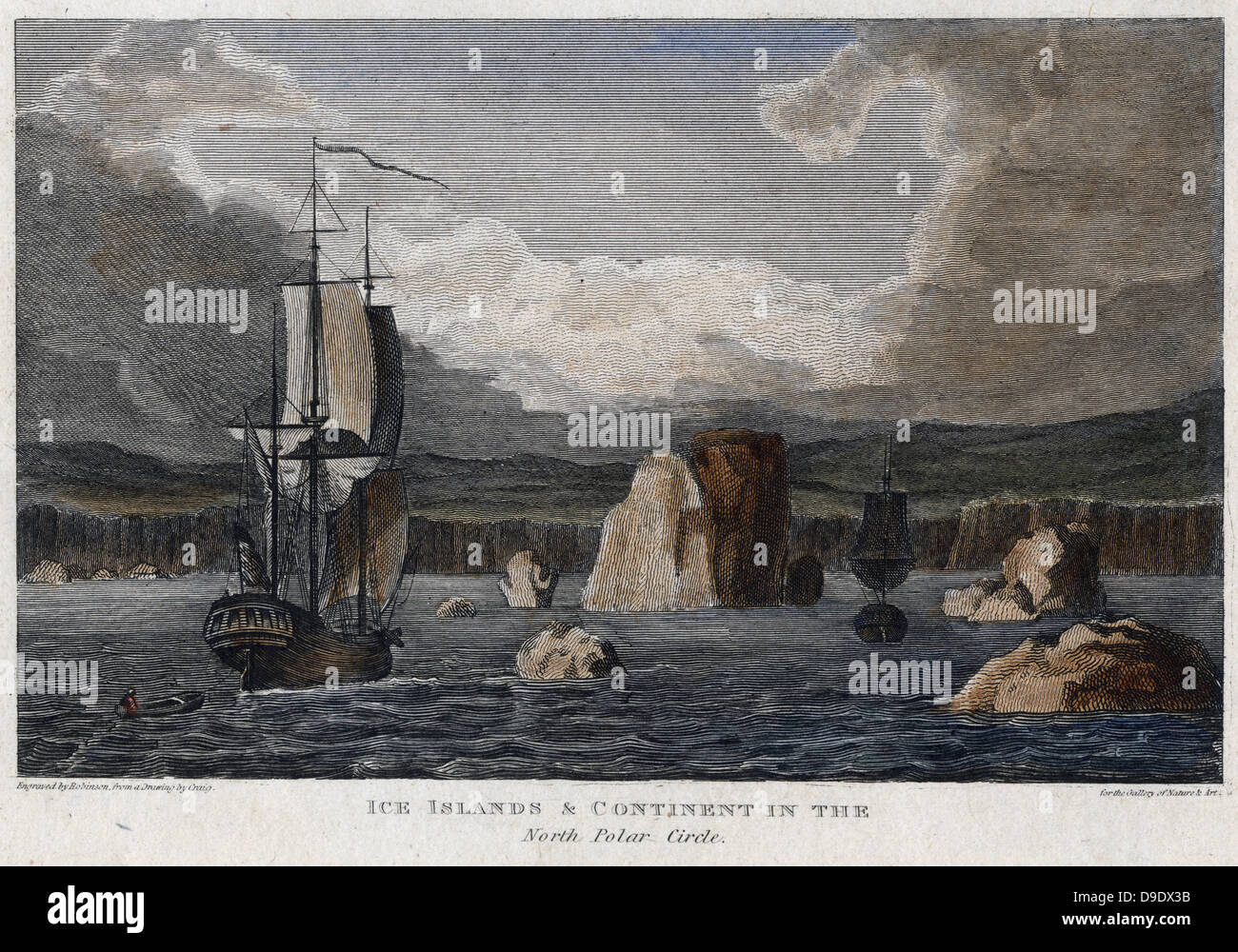 Parmi les navires des icebergs dans l'Arctique. Gravure, 1820 Banque D'Images