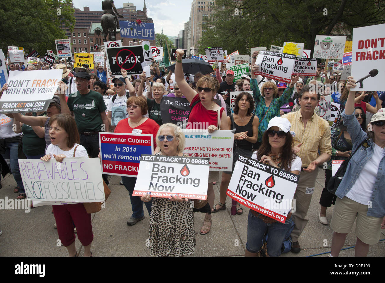 New York, USA. 17 juin 2013 : Des milliers de personnes se sont rendus à l'État de New York State Capitol de partout pour dire à Gov. Andrew Cuomo pour l'interdiction de la fracturation hydraulique (FRACKING) et faire bon sur sa promesse pour l'énergie durable une priorité de son administration. Le mouvement de lutte contre la fracturation hydraulique est de plus en plus chaque jour que la vérité sur les dangers de la fracturation apparaissent et que le gaz est un palliatif à court terme à l'avenir énergétique de l'Amérique et que la fracturation hydraulique est un sale et destructrice de la technologie. Crédit : David Grossman/Alamy Live News Banque D'Images