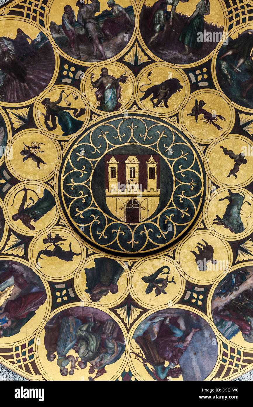 Détail de calendrier astronomique de signes du zodiaque, sur la ville (Town) située sur la place de la Vieille Ville, Prague, République tchèque. Banque D'Images