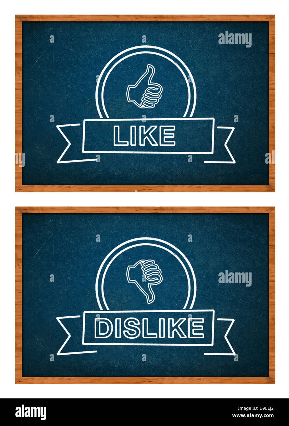 Aimez et n'aimez pas la main avec le bouton de la craie sur le tableau de classe. Banque D'Images