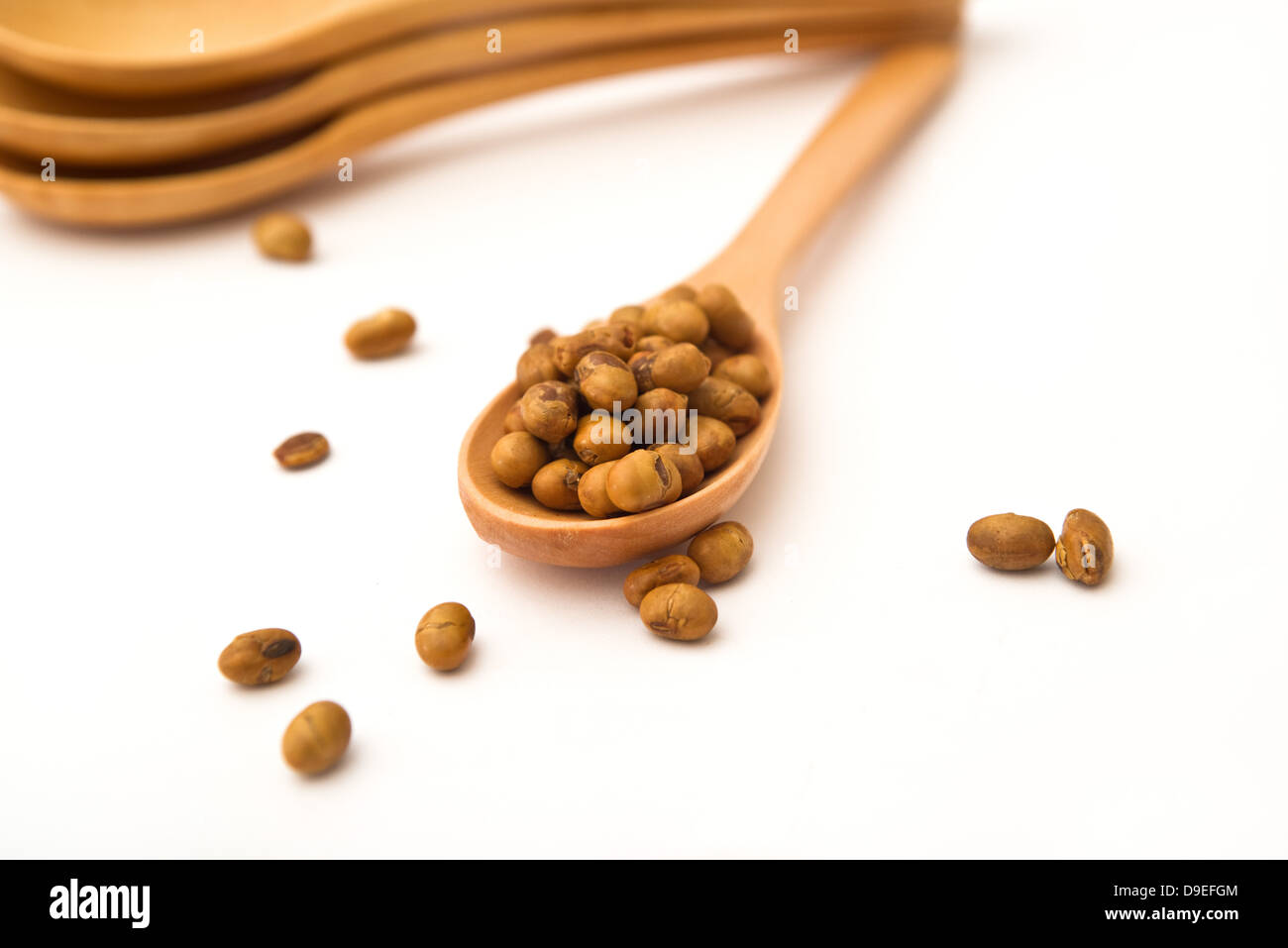 Soja sur bois ustensile de cuisine sur la table. Banque D'Images