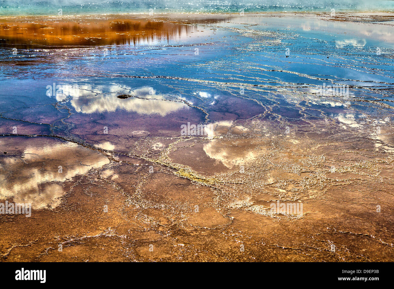 Multi-couleur réflexions des nuages et du ciel dans les eaux de cuisson Grand Prismatic Spring dans le Parc National de Yellowstone, Wyoming Banque D'Images