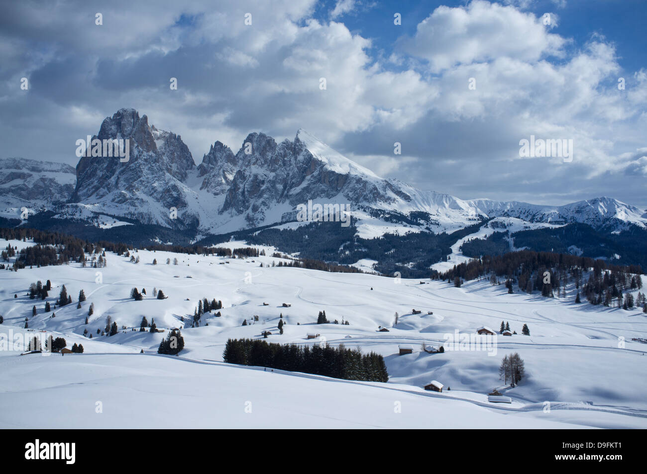 Une vue enneigée de Sassolungo et Sassopiato montagnes derrière l'Alpe di Siusi ski dans les Dolomites, le Tyrol du Sud, Italie Banque D'Images