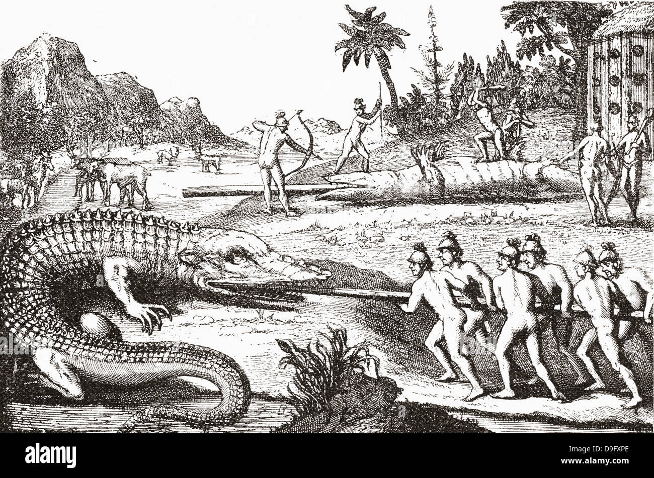 La chasse d'alligators dans le sud des États-Unis d'Amérique, d'une illustration dans le livre du 16ème siècle les voyages de De Bry. Banque D'Images