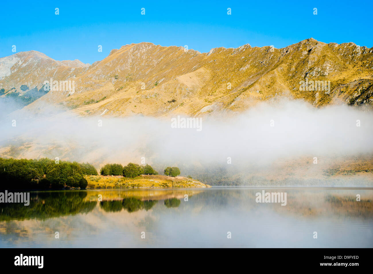 Misty réflexions à Lake Moke, Queenstown, Otago, île du Sud, Nouvelle-Zélande Banque D'Images