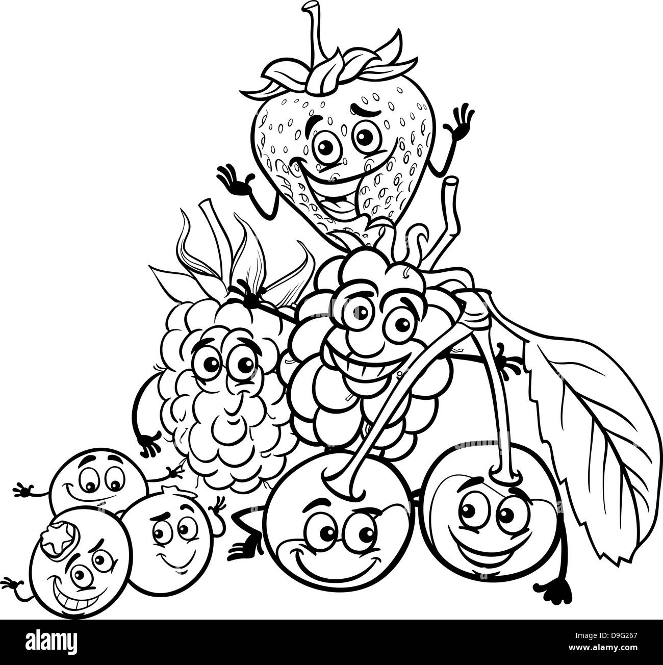Illustration Cartoon noir et blanc de Funny Berry alimentaire Fruits Groupe Caractères Livre à colorier pour les enfants Banque D'Images