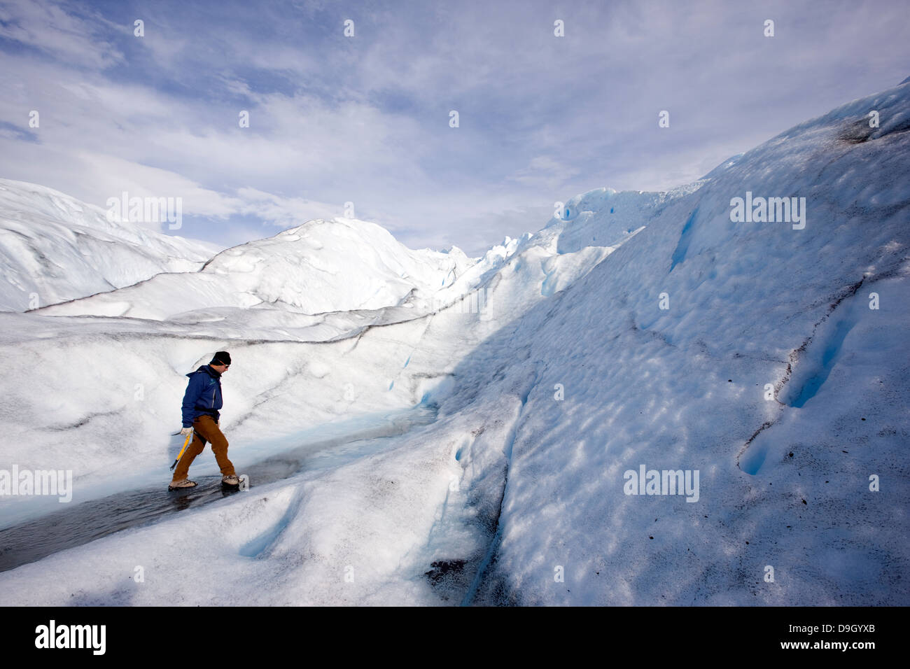 Un homme fait de la randonnée sur le glacier Perito Moreno. Des dizaines de touristes font chaque jour un trekking sur le glacier. Banque D'Images