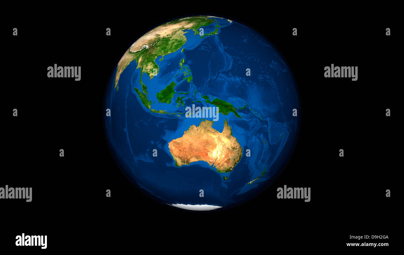 Vue de la terre entière montrant l'Indonésie, l'Océanie, et le continent de l'Australie. Banque D'Images