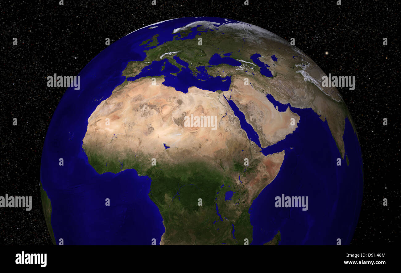 Vue globale de la masse sur l'Afrique du Nord, en Europe, au Moyen-Orient et en Inde. Banque D'Images