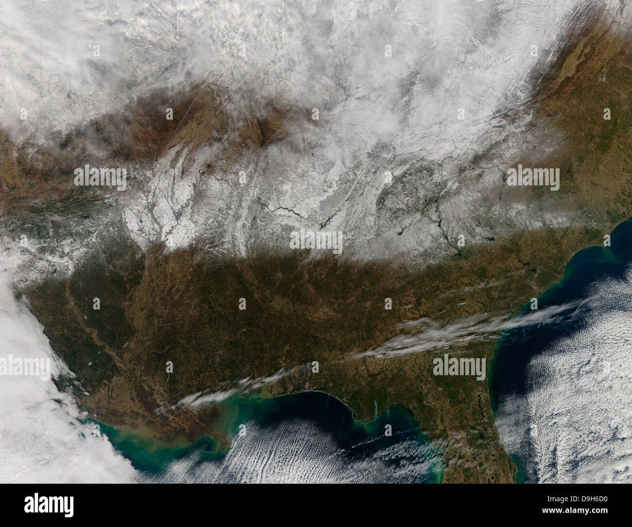 La couverture de neige qui s'étend du nord-est du Texas pour les Carolines. Banque D'Images