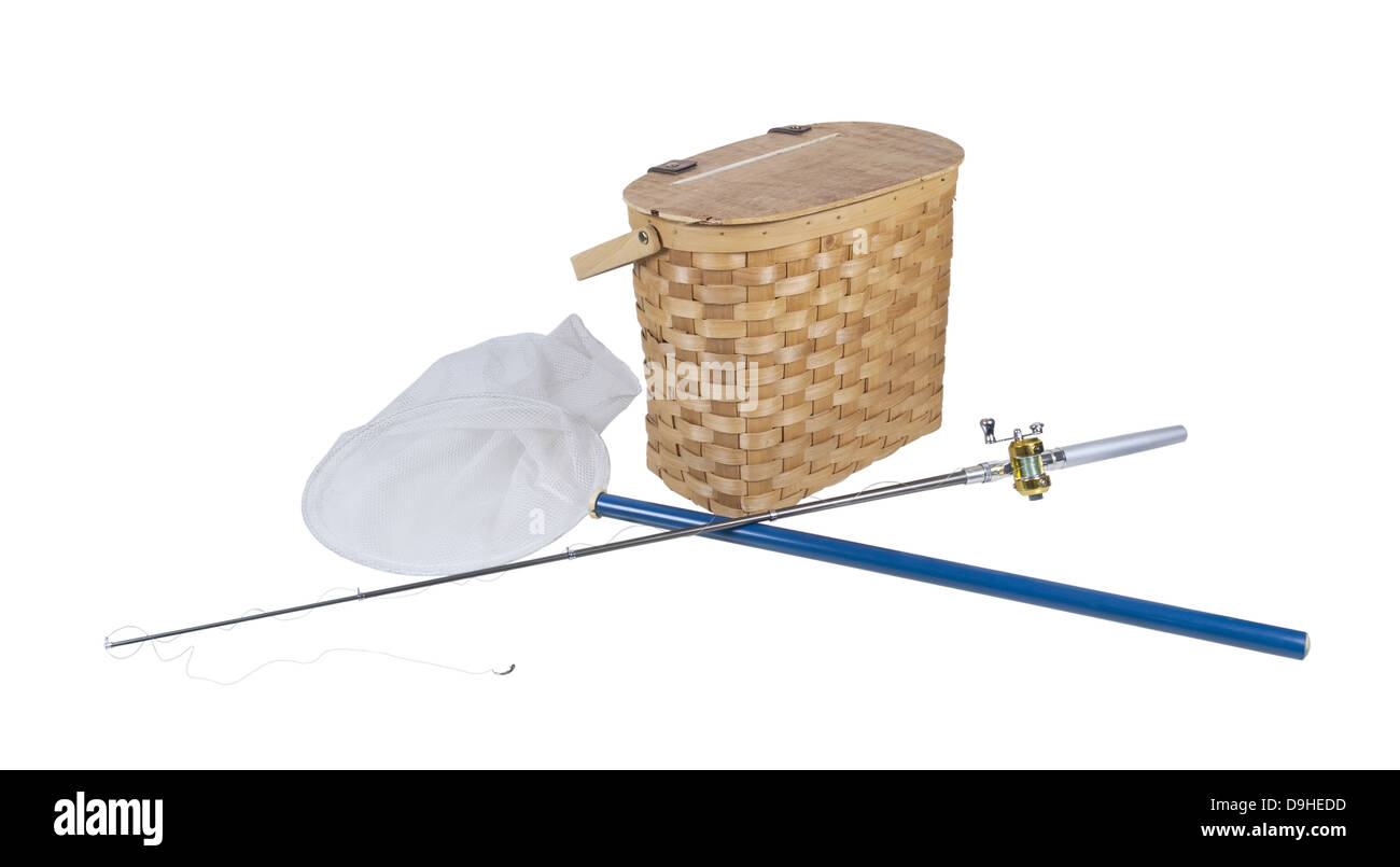 Canne à pêche avec un grand filet et poissons panier tissé - chemin inclus Banque D'Images