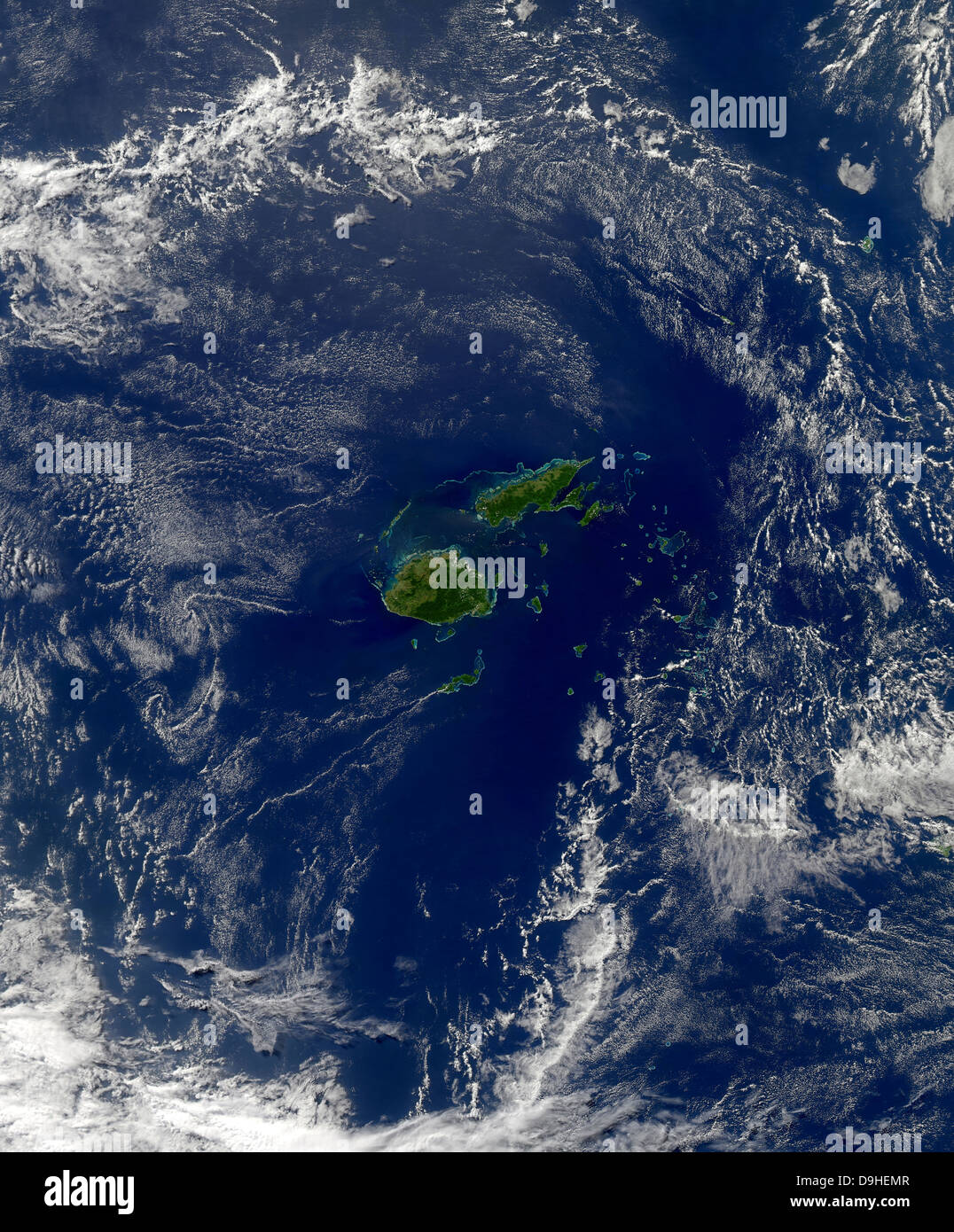 Vue satellite de Vanua Levu, la deuxième plus grande île des Fidji. Banque D'Images