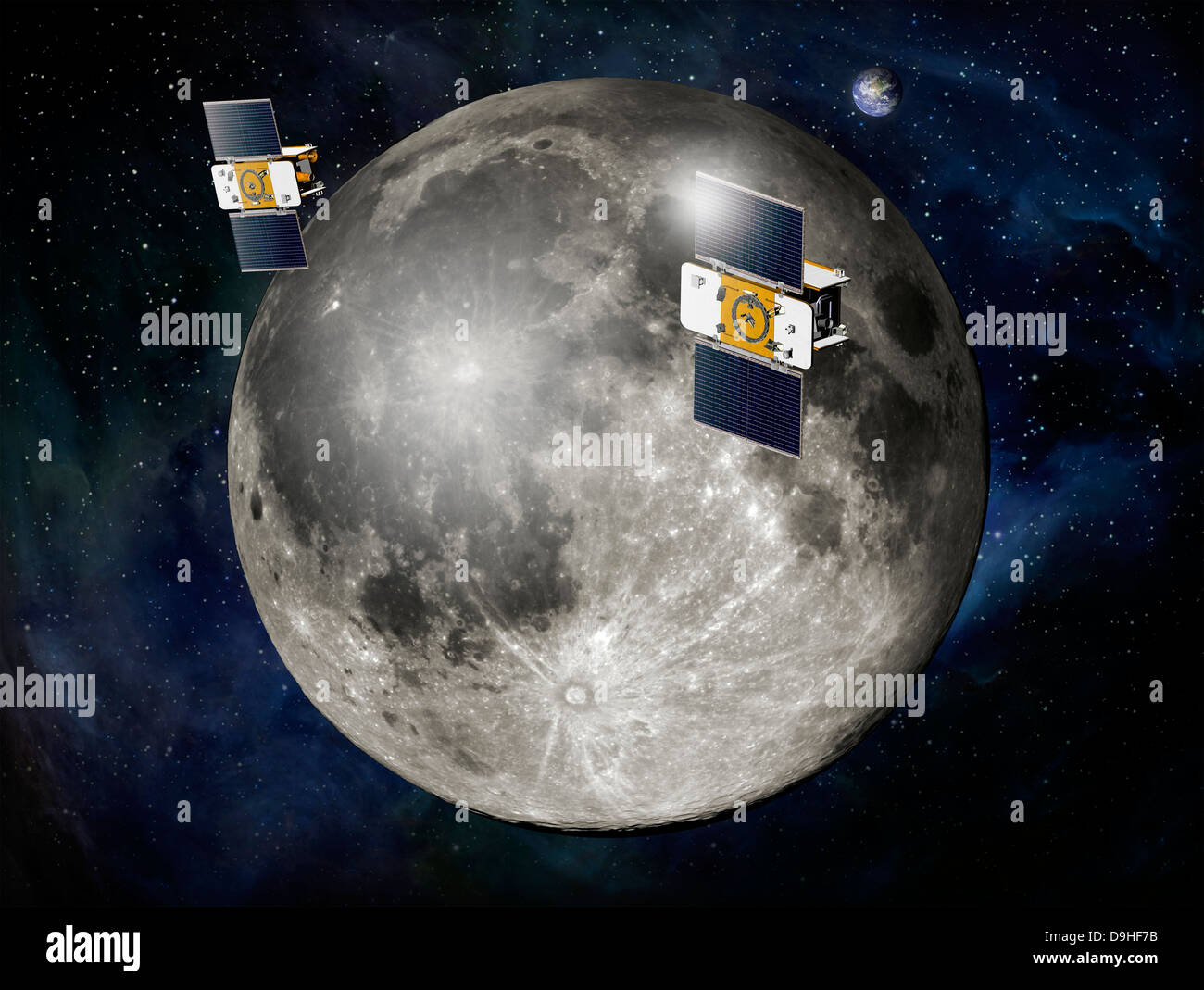 Concept de l'artiste de Graal double vaisseau spatial en orbite autour de la lune. Banque D'Images