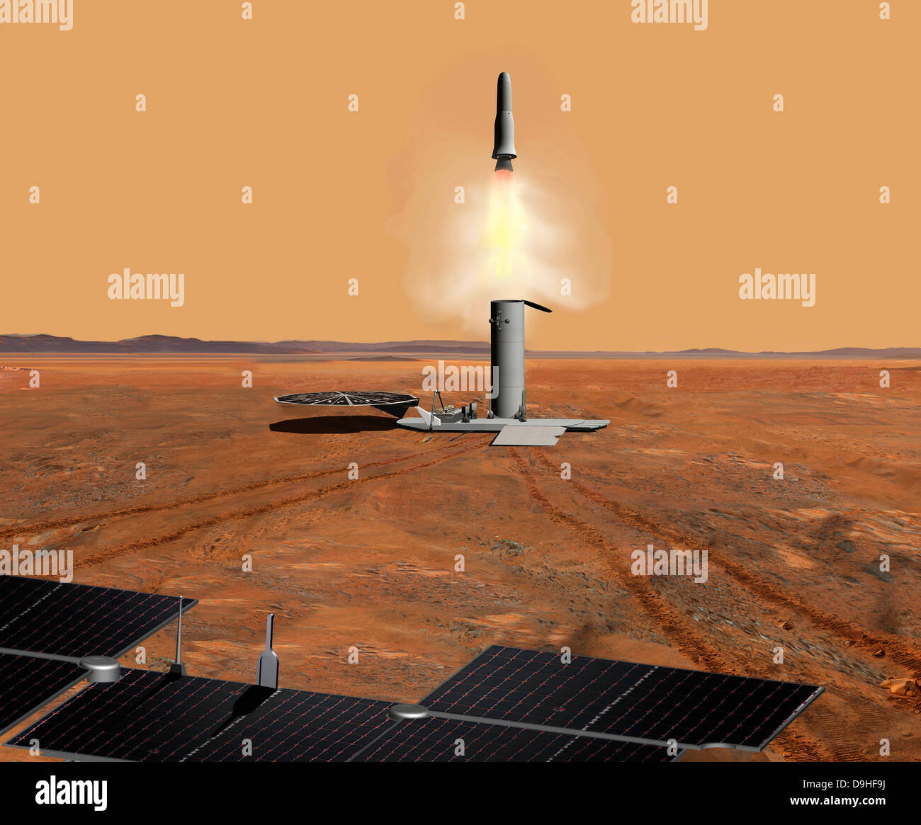 Concept de l'artiste d'une ascension véhicule quittant Mars. Banque D'Images