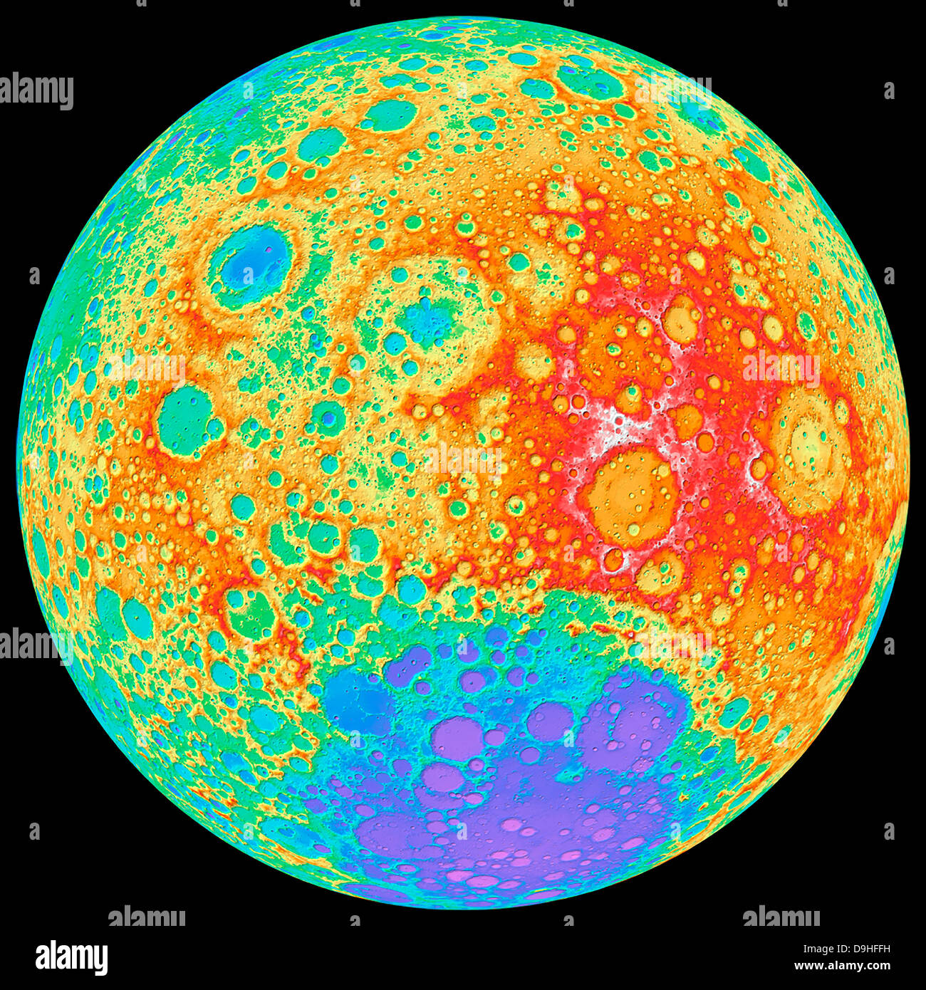 Relief par ombres portées en couleur de la face cachée de la lune. Banque D'Images