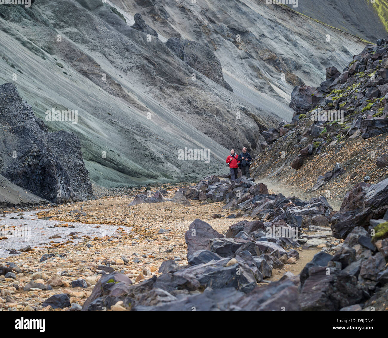 Les gens de la randonnée dans les highlands, Landmannalaugar, Islande Banque D'Images