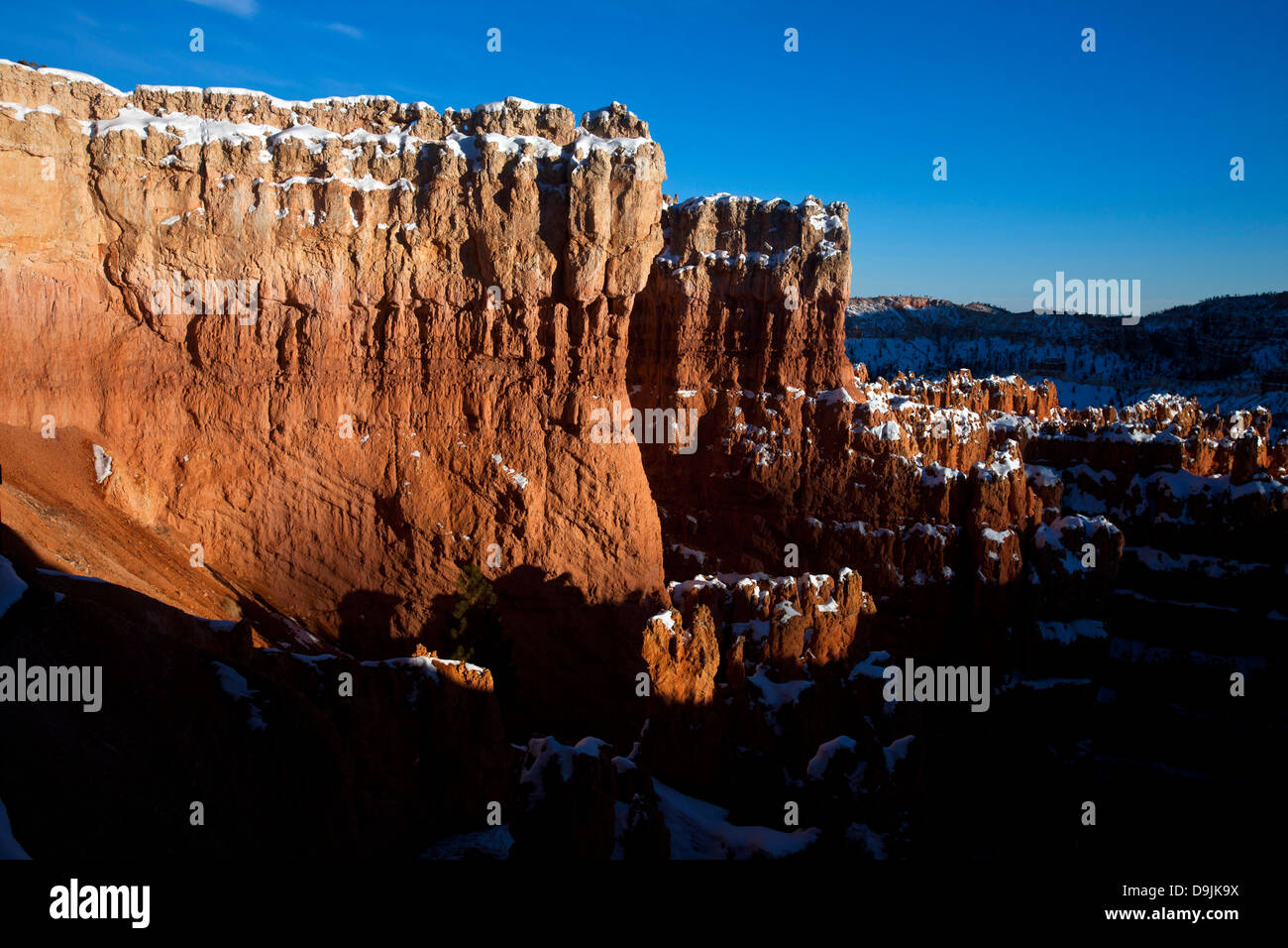 Formations de roche et de neige Hoodoo au coucher du soleil, l'Amphithéâtre de Bryce, Bryce Canyon National Park, Utah, United States of America Banque D'Images