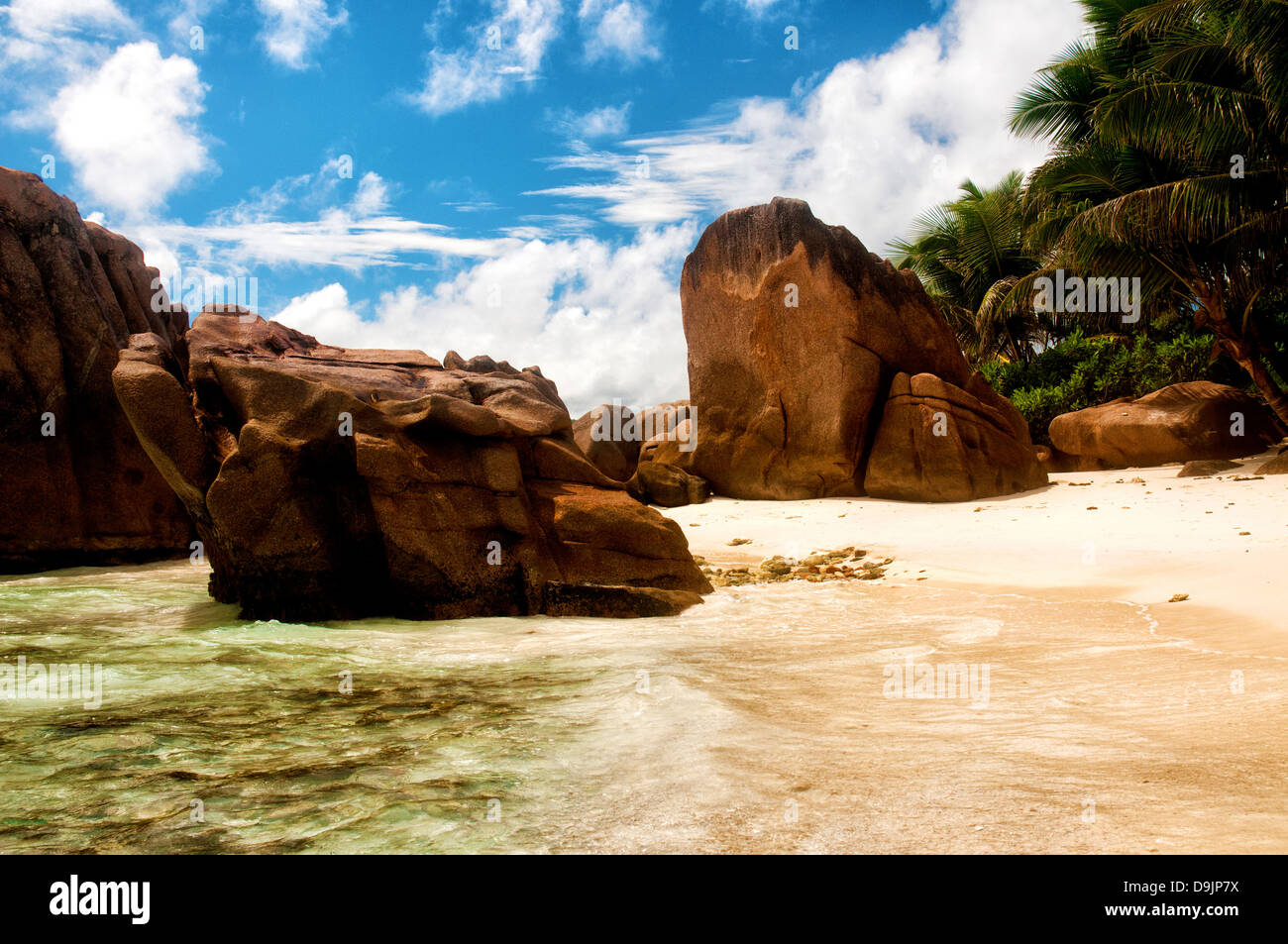 Les rochers de granit dans la région de Anse Patates, La Digue, Seychelles Banque D'Images