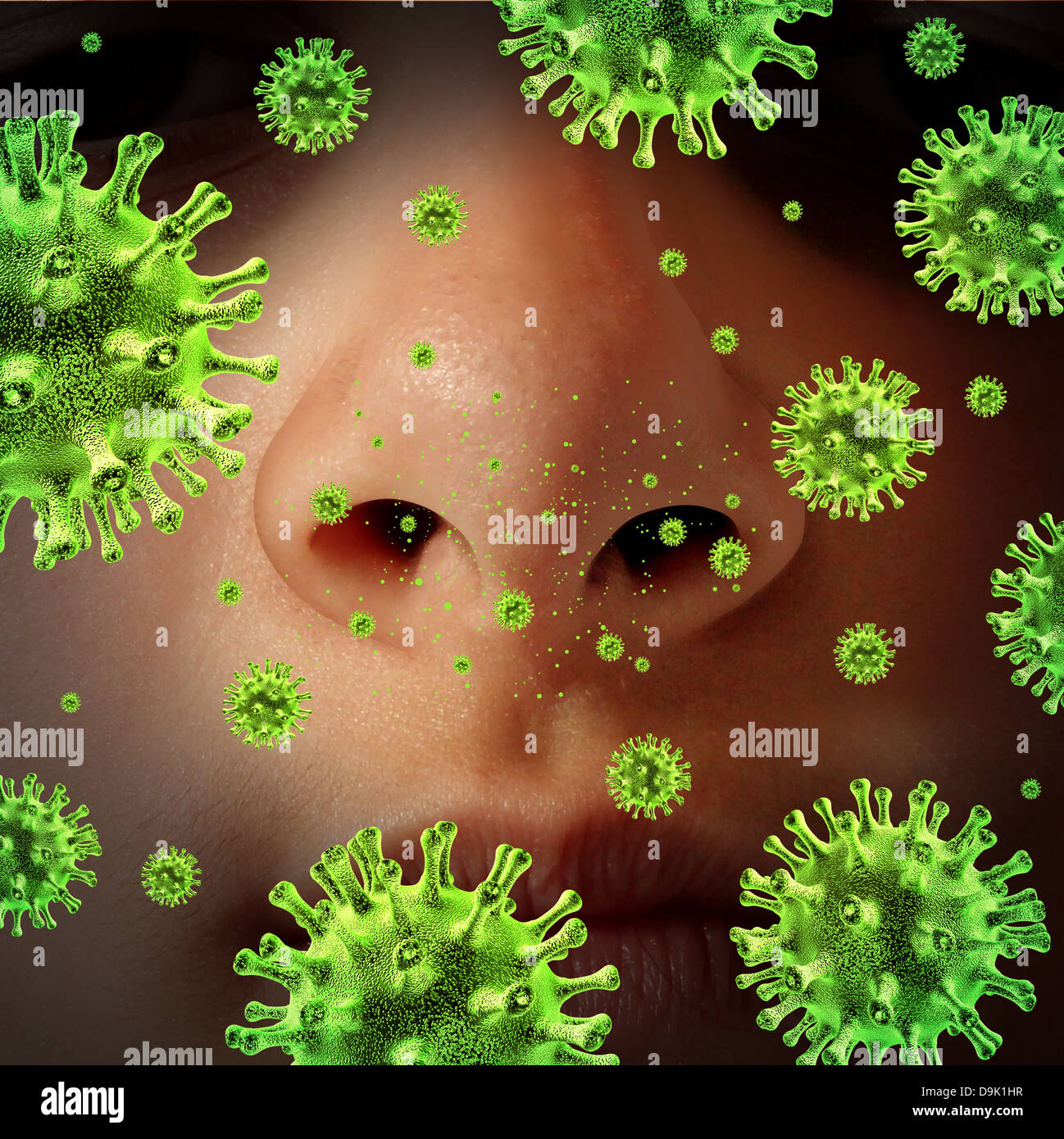 L'infection nasale comme une maladie contagieuse maladie des sinus  transmettant un virus avec un nez humain et les narines se propager les  germes et bactéries infectieuses dangereuses alors que les éternuements  pendant