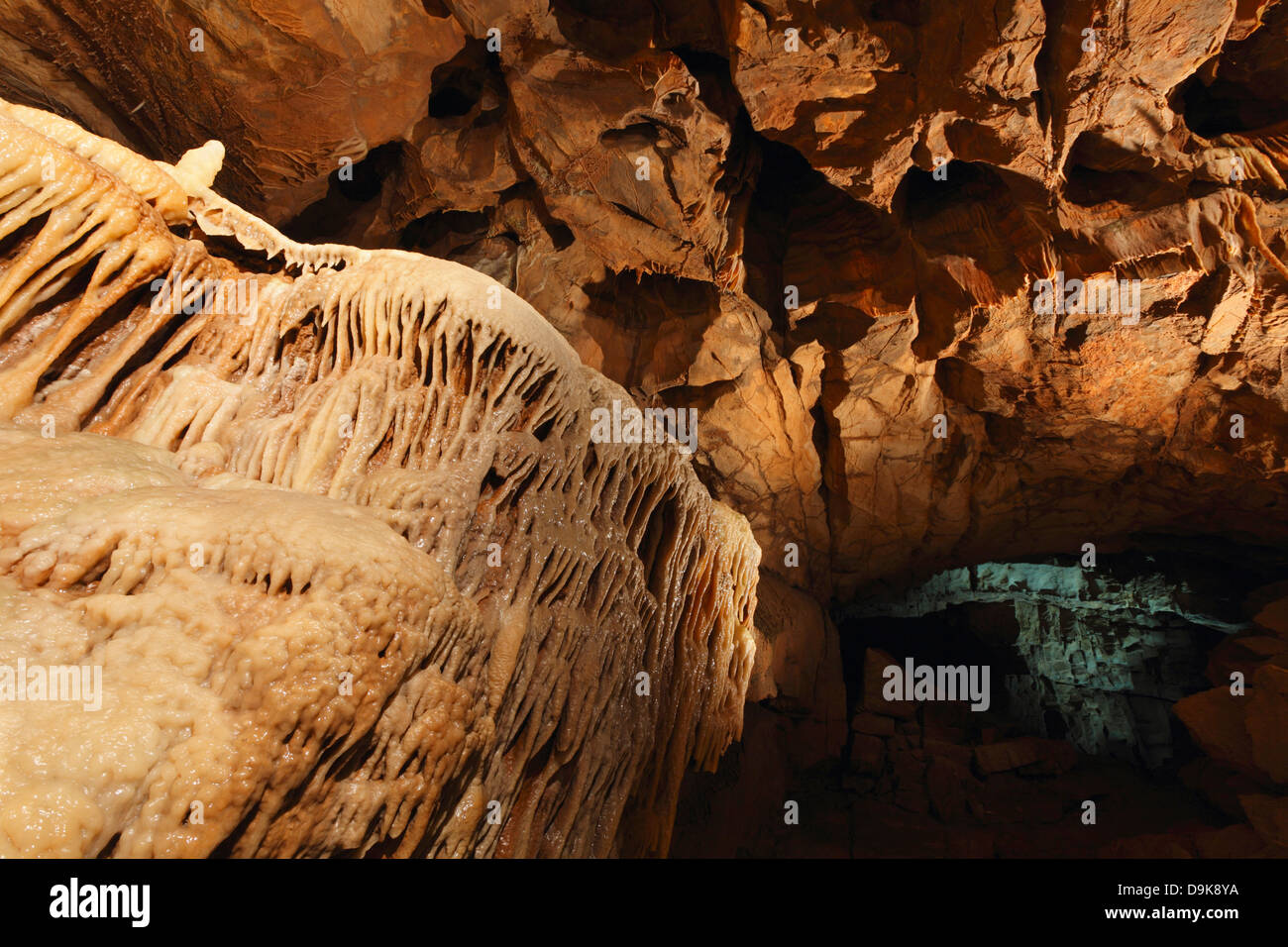 Détail des formations de roche calcaire de Gough's Cave en. Grottes de Cheddar. Le Somerset. L'Angleterre. UK. Banque D'Images