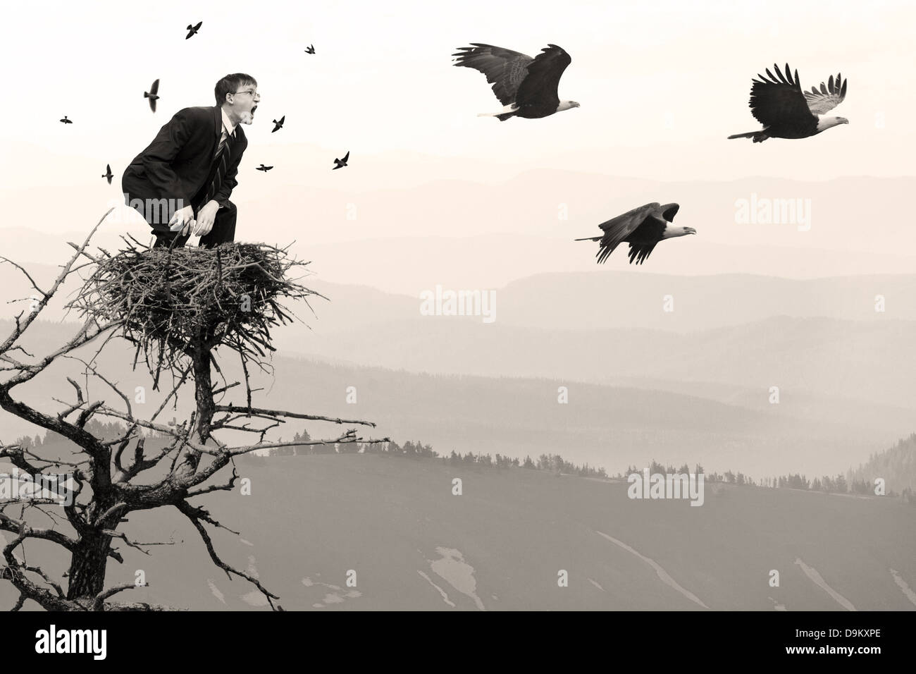 Businessman dans le bénéfice net de crier contre les aigles voler loin effrayé les oiseaux à l'écart des conflits homme nature environnement global Banque D'Images